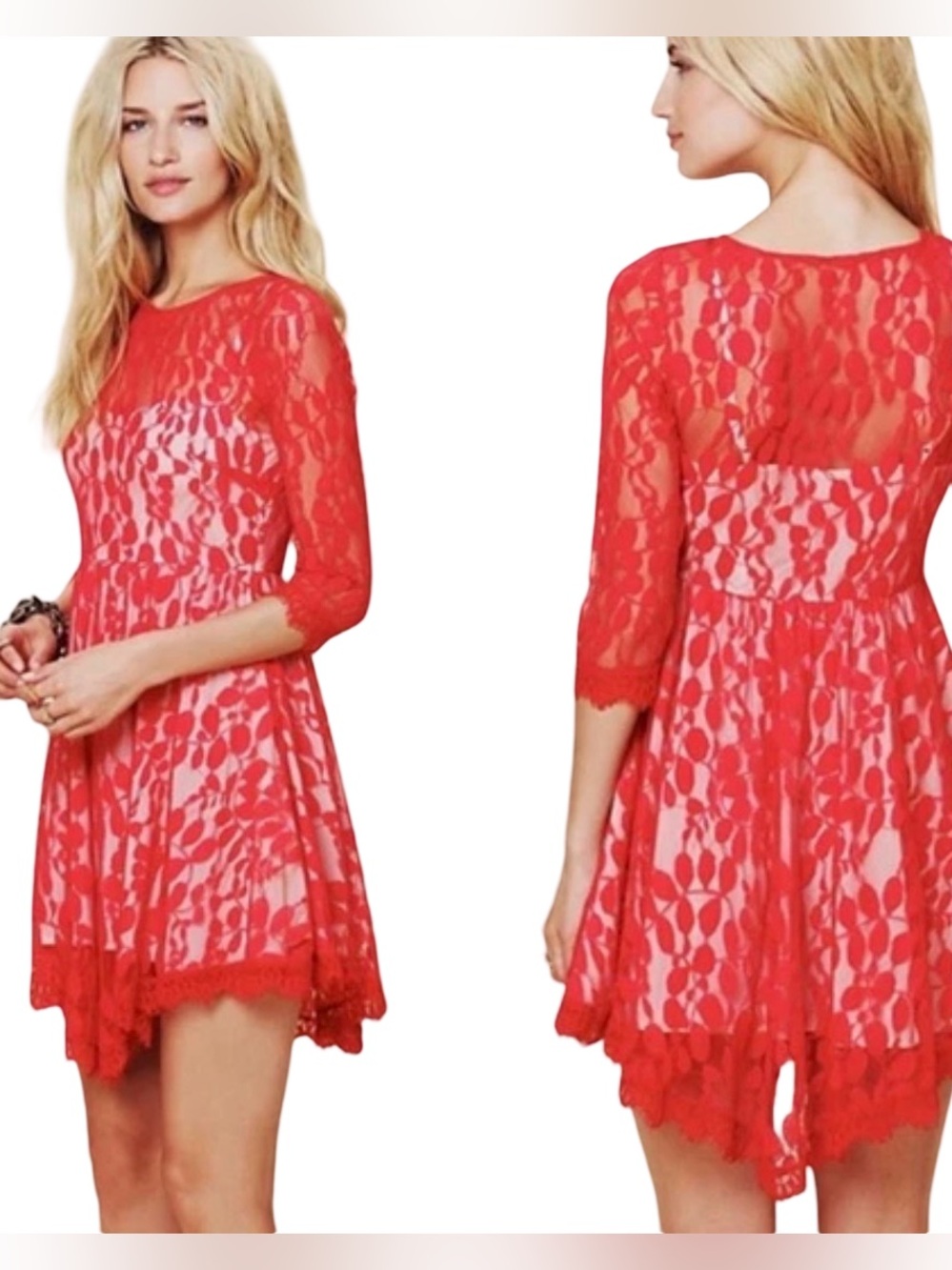 Free People Red Lace Fit & Flare Mini Dress 10 Boho Romantic Whimsigoth skater